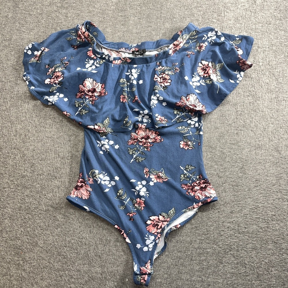 Rue 21 Women's Floral Blue Bodysuit Medium